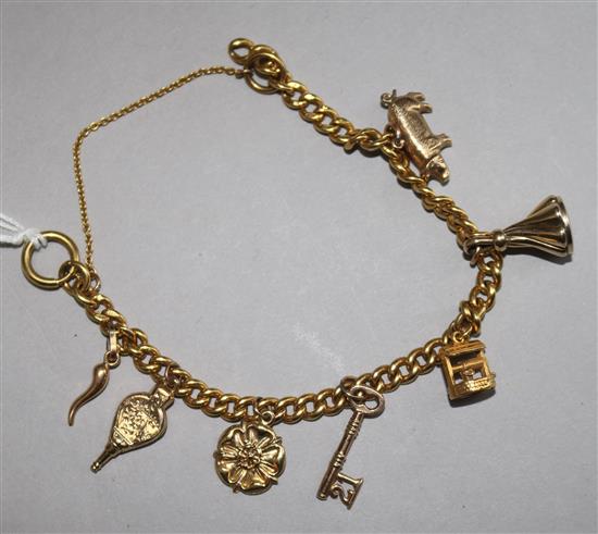 A 9ct gold charm bracelet, hung with seven charms,
